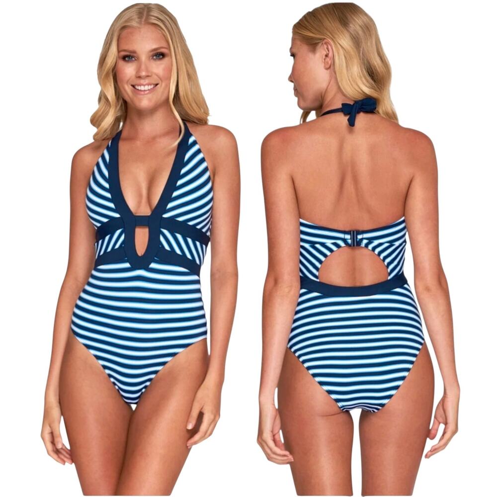 JETS Australia by Jessika Allen Striped Plunge V-Neck One-Piece Swimsuit
